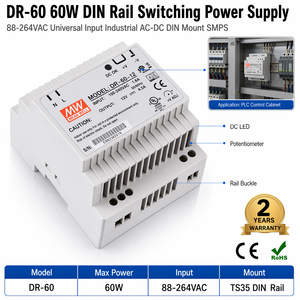 Alimentation électrique sur rail DIN MEANWELL 24V 60W <span class=keywords><strong>DR</strong></span> 60 <span class=keywords><strong>24</strong></span> Adaptateur de commutation AC DC à tension constante pour l'éclairage LED et la vidéosurveillance - Product Image 1