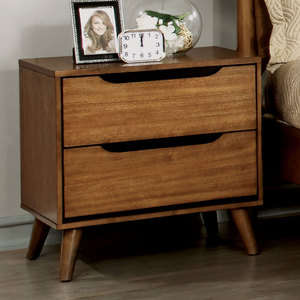 Mid Century Modern Oak Nightstand <b>2</b> <b>Drawer</b> Bedside Table Solid Wood Round Tapered Legs Bedroom Furniture - Product Image 3