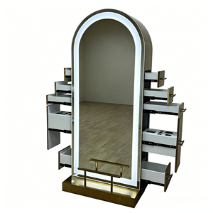Espejo de Barbería de Doble Cara de Acero Inoxidable Dorado para Salón de Peluquería con Almacenamiento y Cajón - Product Image 4