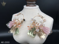Boucles d'oreilles créoles en résine faite à la main, grandes feuilles dorées, nacrées rose et vert, style bohème, accessoires de cheveux de mariée, AE-2333