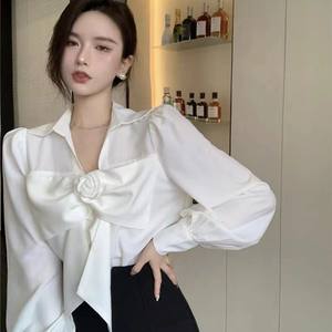 Blusa de Mujer, Primavera, Linda, con Cordones, Lazo, Manga Larga, Diseño <span class=keywords><strong>para</strong></span> Chicas <span class=keywords><strong>Gorditas</strong></span>, Talla Grande, Camisa Interior, Tops - Product Image 4