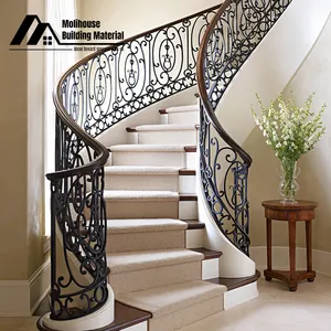 Design De Luxo Em Pó Revestimento Stringer Branco Ferro Forjado Trilhos De Madeira Trilhos Riser Design Simples Escadaria Curvada