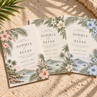 Cartes d'invitation de mariage sur le thème côtier, cartes de mariage imprimées avec des motifs floraux tropicaux et des paysages marins en aquarelle, invitations de mariage sur la plage personnalisées