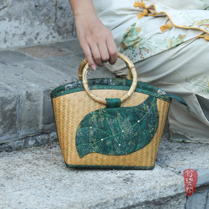 Bamboo Woven Green Leaf Handbag Large Capacity Women's Tote Bag Modern Chinese Style For Cheongsam Hanfu - Product Image 5