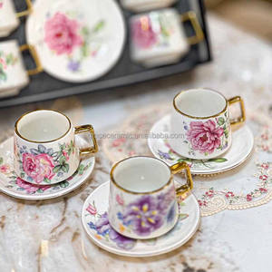 Tasses à thé et soucoupes personnalisées en porcelaine de Chine neuve, à motif espresso imprimé sur mesure, avec bordure dorée et poignée, 90cc, couleurs vives - Product Image 2