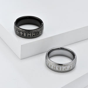 Anillo de runas vikingas Vintage con borde cruzado, alfabeto rúnico nórdico minimalista, banda de carburo de tungsteno de 8MM, joyería pagana Medieval Unisex - Product Image 1