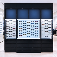 Présentoir à lunettes moderne noir et bleu avec panneau arrière en verre, étagères et base noire, certifié CE ETL pour magasin d'optique