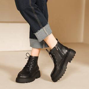 Nuevas Botas de Tobillo para Mujer, de Cuero Vacuno Genuino, con Suela Gruesa, Cálidas, Negras, Punta Redonda, Tacón Medio, Forro de Piel, con Cordones, Cómodas y Transpirables - Product Image 1