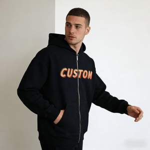 Sweat à capuche streetwear vintage oversize en polyester/coton 410 g/m² avec lettres imprimées DTG, effet délavé à l'acide, fermeture éclair, grammage lourd - Product Image 1