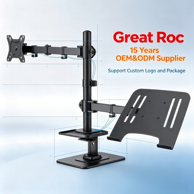 Monitor Laptop Arm Vertical Cross Bar Foldable Cable Management Tilt Swivel Rotate Carbon Steel VESA Stand for 13-32 in Monitor