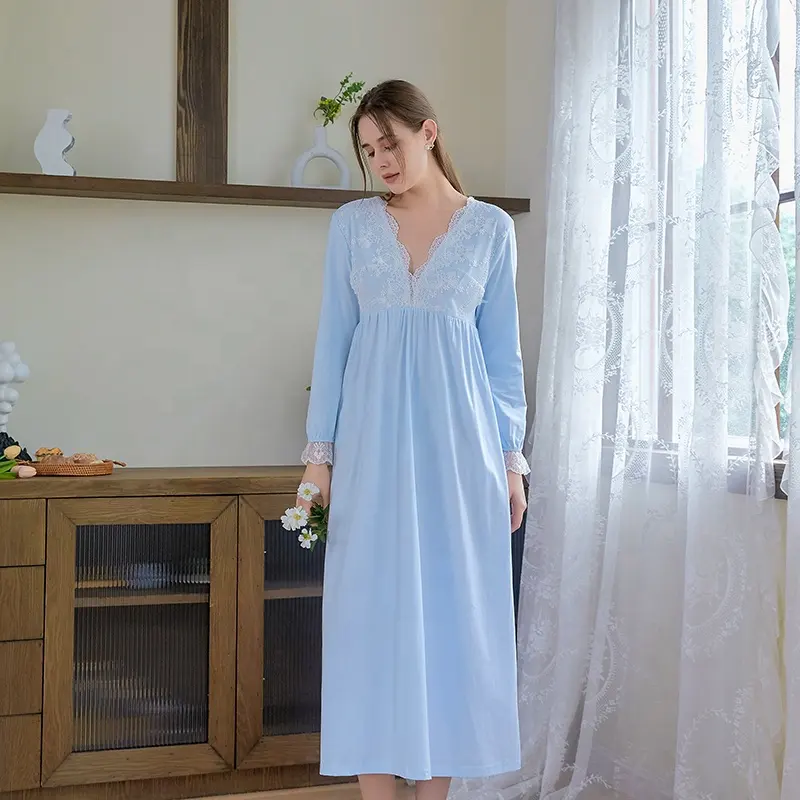 Custom Royal Night Dresses For Woman Sleeping Contrast Lace Cotton Casual Ladies Nightgown