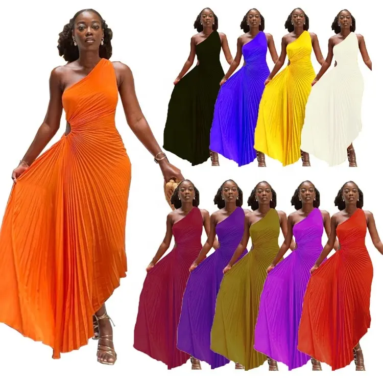 Hot Selling Frauen One Shoulder Orange Kleid Ärmel los Diagonal Kragen Plissee A-Linie Lady Kleider Vintage Backless Abendkleid