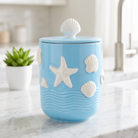 OEM ODM Pot de rangement en céramique créatif à coque gaufrée, personnalisé et peint à la main, motif étoile de mer, pour biscuits, café et sucre, articles de cuisine