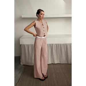 Conjunto de Dos Piezas para Mujer, Color Marrón, Chaleco con Rayas Tipo Waffle y Pantalones, Conjunto Elegante de 2 Piezas - Product Image 3