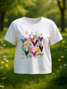 T-shirt corta con motivo a cuore colorato per donne di taglia grande, girocollo, maniche corte, stile vintage, per vacanze, primavera ed estate - Product Image 2