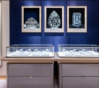 Vitrine de luxe bleue et grise pour bijouterie haut de gamme, présentoir en verre pour bijoux de luxe