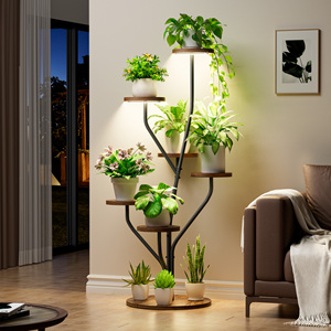 Baumförmiger LED-Pflanzenständer mit 10 weißen Töpfen, modernes Bibliotheks-Styling, hoher Holz-Metall-Präsentationsständer für Wohnzimmer und Nachttischfenster - Product Image 1