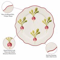 Lot de 20 pièces de vaisselle en porcelaine fine durable, motif radis, assiettes à bord festonné rouge, kit tasses, compatible micro-ondes et lave-vaisselle
