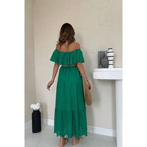 Vestido Maxi Verde con Hombros Descubiertos, Bordado, Cintura Elástica, Corte Holgado, Informal, Tejido Transpirable, para Uso Diario - Product Image 1