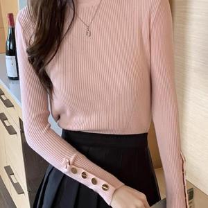 Venda quente Camisa Base Mid Neck para Mulheres, Tendência Elegante Cor Sólida Nova Outerwear Malha Semi Gola Alta Manga Comprida - Product Image 4