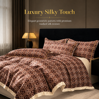 Parure de lit de luxe 4 pièces en polyester lavé effet soie, draps en satin imprimés à bordure large et couleur contrastante, teinture réactive