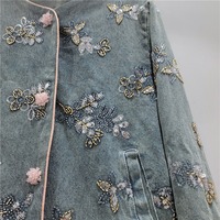 Jaket Denim Wanita Grosir Musim Semi 2026, Berhias Bunga Payet Manik-Manik, Tanpa Kerah, Trim Pink, Leher Bulat, Pendek, Retro Vintage