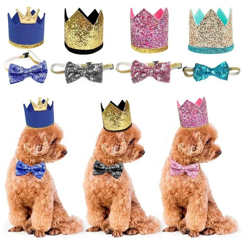 New Arrival 2Pcs Pet Birthday Crown Hat Bow Tie Set Dog Cat Sequin Bowtie Kids Birthday Hat Perros Accesorios