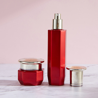 Ensemble de flacons cosmétiques vides en verre rouge avec boîte, distributeur transparent d'eau et de lait, pompe à lotion pour crème et soins de la peau