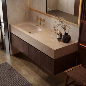 Meuble de salle de bain suspendu personnalisé en travertin avec vasque intégrée rectangulaire sans joint, <span class=keywords><strong>lavabo</strong></span> et toilettes - Product Image 1