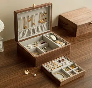 JUNJI Walnut Wood 1.5-Layer Jewelry Organizer Vintage Engraved Jewelry Box Gift Wood Crafts Wall Signs