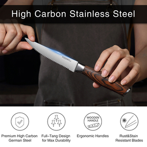 Borde de hoja dentada de alta calidad de 4,5 pulgadas y mango de madera ergonómico Juego de cuchillos para carne de acero inoxidable