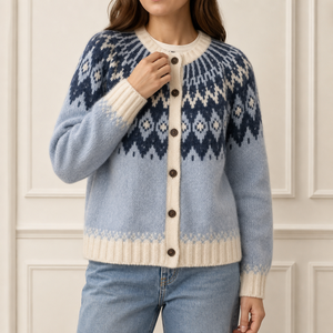 Cardigan Fair Isle personnalisé pour femme, col rond, <span class=keywords><strong>bleu</strong></span> clair <span class=keywords><strong>marine</strong></span>, avec encolure à motif losanges, usine OEM ODM - Product Image 2
