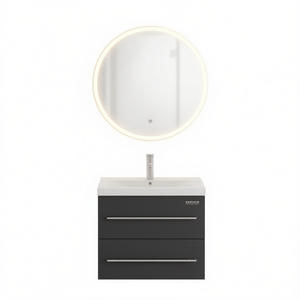 Mueble de Baño con Espejo Redondo con Iluminación LED, Diseño Moderno de Pared, Lavabo de Cerámica, Material MDF - Product Image 1
