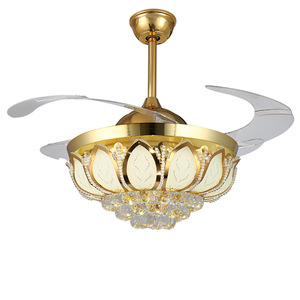 Ventilateur de plafond moderne en cristal doré, 3 pales, fonctionnement silencieux 29 dB, LED blanc chaud dimmable, télécommande, 5 vitesses, montage encastré - Product Image 1