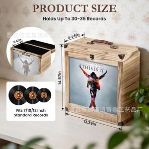 Wooden Flip Top Storage Box Rectangle With Display Window Cd Vinyl <b>Record</b> Storage Box <b>Standing</b> Type Wood Grain Pattern Qx615 - Product Image 4