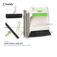 Kit complet 4-en-1 : balai, pelle, brosse à sol et raclette, avec manche en acier inoxydable à 2 sections