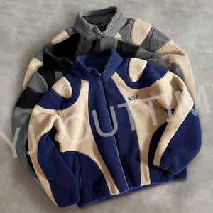 Custom Embroidery Color Block Patchwork Splicing Sweater <strong>Pullover</strong> Full Zip up Face Masked Fluffy Fleece Sherpa Hoodie <strong>Jacket</strong> <strong>Men</strong> - Product Image 5