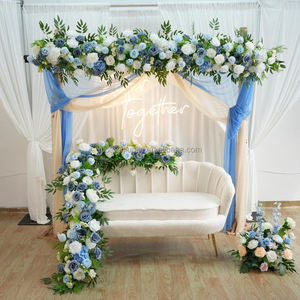 Décoration de <span class=keywords><strong>jardin</strong></span> fantaisiste en hydrangeas et dahlias en soie bleu poussière, 2m, taille personnalisée, pour bancs d'église, décoration de mariage, chemin de fleurs pour allée de mariage - Product Image 2