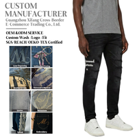 Jean slim noir brodé déchiré pour homme, denim délavé vintage, pantalon streetwear skinny avec patchs quadrillés, taille mi-haute