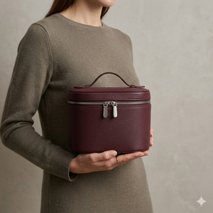 Burgundy Litchi Pattern PU Leather Makeup Bag Cylindrical Travel Toiletry Case <b>Large</b> Capacity Vanity Organizer Cosmetic <b>Box</b> Hand - Product Image 2