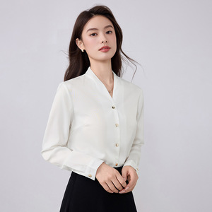 White V-neck Blouse Full Sleeve Chiffon Office Lady Professional Workwear Top - Product Image 3