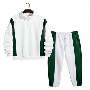<b>Mens</b> White and Dark <b>Green</b> Contrast Half-Zip Sweatshirt and Matching Jogger Pants <b>Tracksuit</b> OEM ODM Wholesale Apparel - Product Image 1