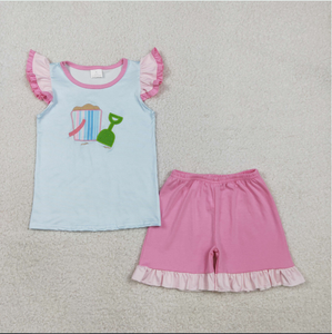 ชุดเสื้อผ้าเด็กผู้หญิงลายปักลายชายหาดพร้อมกางเกงขาสั้นระบาย - Product Image 5