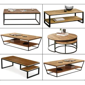 Mesas de centro de lujo para sala de estar, mesa de centro de hierro y madera para Loft, modernas, negras, fabricante al por mayor