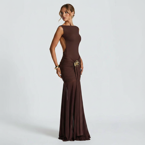 Vestido Maxi Ajustado Sin Mangas <span class=keywords><strong>de</strong></span> Lujo Personalizado SHENGFU, Color Marrón, Cintura Fruncida, Ropa Formal <span class=keywords><strong>de</strong></span> Noche - Product Image 2