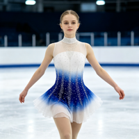 Robe de patinage sur glace dégradé bleu et blanc, ornée de strass scintillants, sans manches, pour enfants et adultes, pour compétition et spectacle