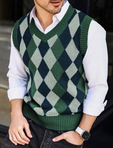 <span class=keywords><strong>Chaleco</strong></span> de Punto sin Mangas con Cuello en V, Estilo Casual para <span class=keywords><strong>Hombre</strong></span>, con Patrón de Rombo Retro, para Atuendos Casuales de Negocios o para el Trabajo Diario - Product Image 6