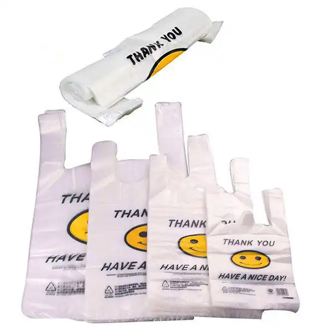 Carryout Grocery Bags Eco Friendly Clear Large Size Happy Smiley Face T-shirt Plastic Shopping Take Out Bags