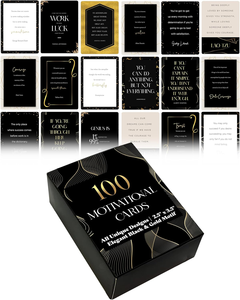 Tarjetas de citas de estímulo 100, citas inspiradoras famosas, todos los diseños únicos, cubierta de tarjeta motivacional con motivo negro y dorado elegante - Product Image 1