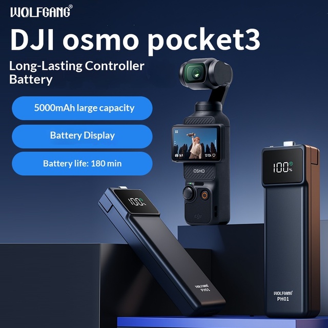 WOLFGANG PH01 Battery Grip for DJI Osmo Pocket 3, 5000mAh Fast Charging Power Bank with LED Display, 1/4" Screw Extension Handle